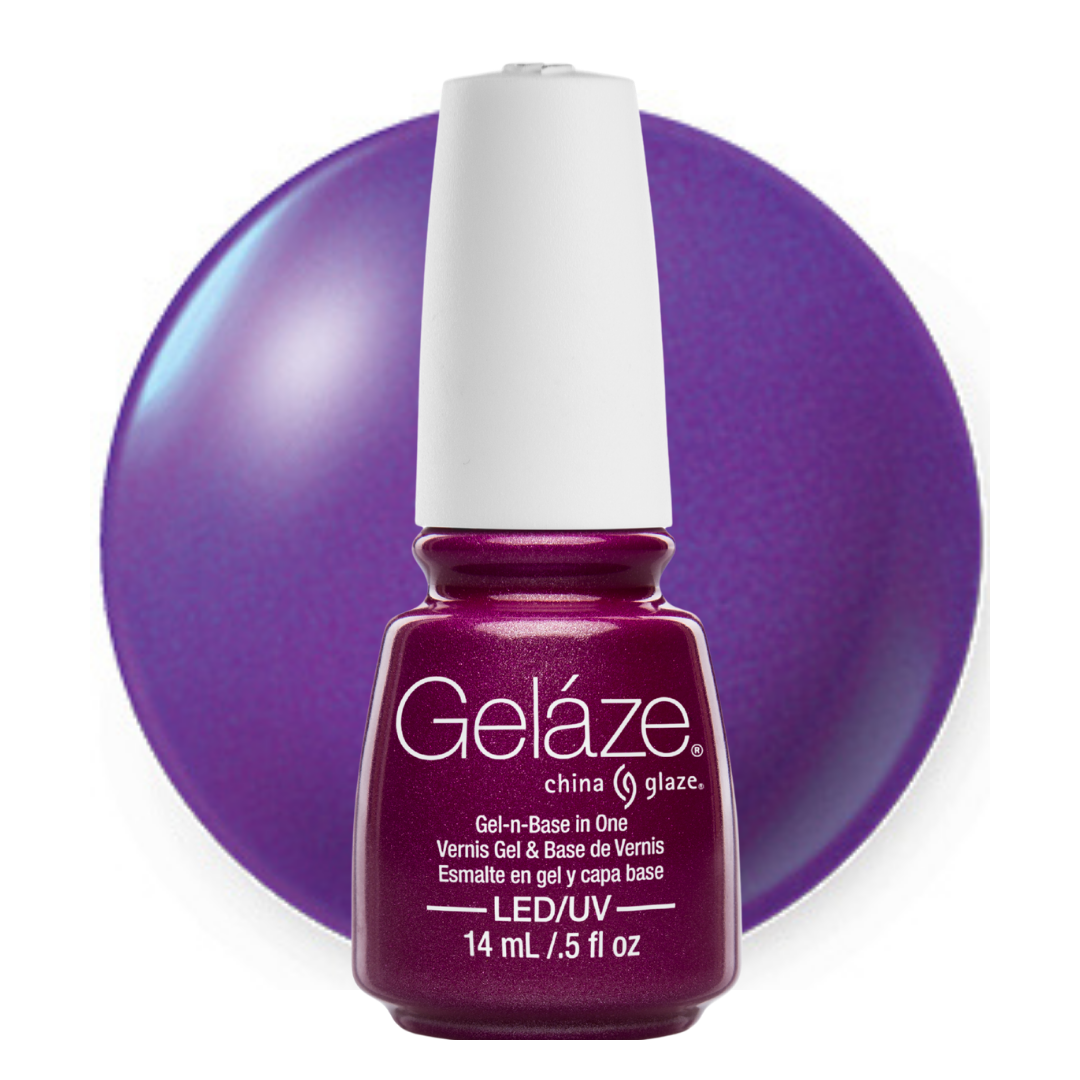 A bottle of Geláze gel nail polish in a deep purple shade, shown in front of a large matching purple circular color swatch on a white background.