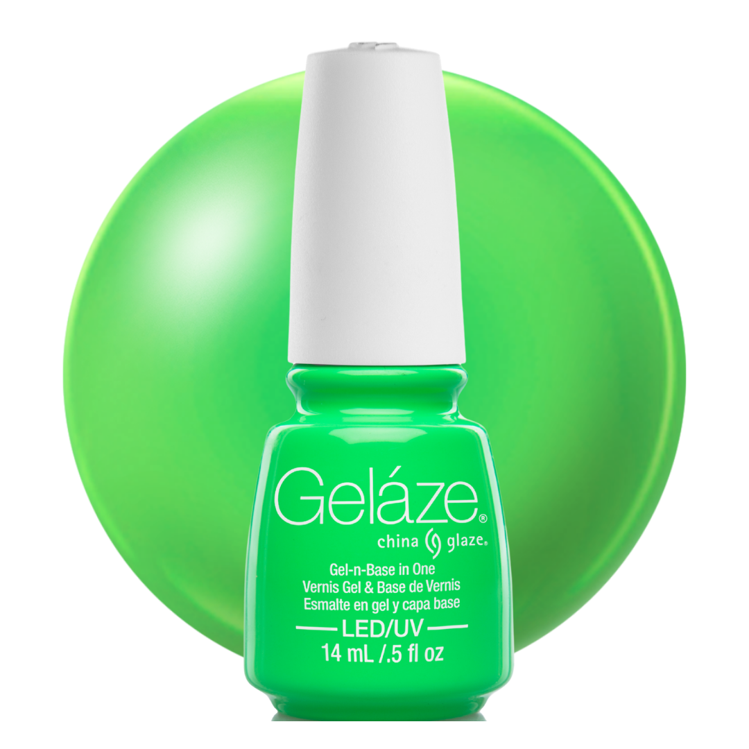 A bottle of Geláze China Glaze gel nail polish in a bright lime green shade, shown against a matching lime green circular background on a white studio backdrop.