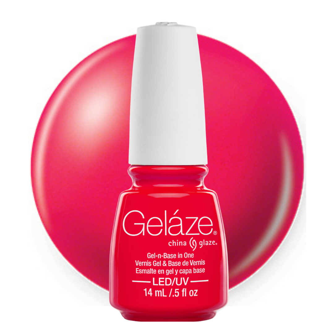 A bottle of Geláze China Glaze gel nail polish in a vibrant red-pink shade, shown in front of a large circular color swatch of the same red-pink polish on a white background.
