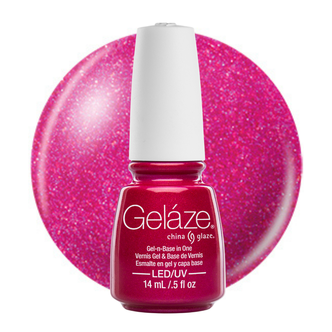 A bottle of Gelaze China Glaze nail polish, featuring a white cap and a dark pink glittery bottle, set against a large circular pink glitter swatch on a white background.