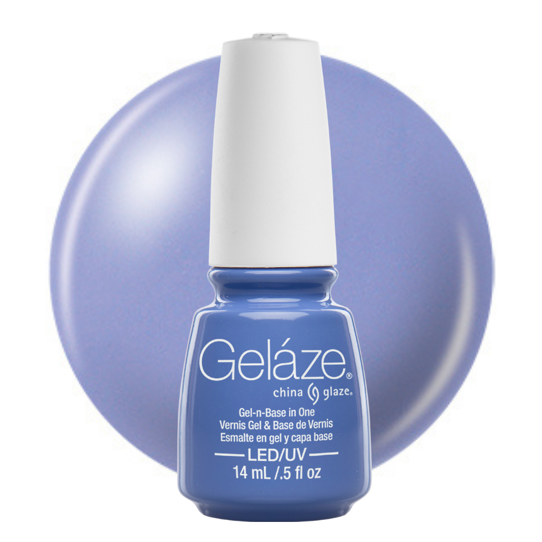 A bottle of Geláze China Glaze nail polish gel in a periwinkle blue shade, shown in front of a matching circular color swatch on a white background.
