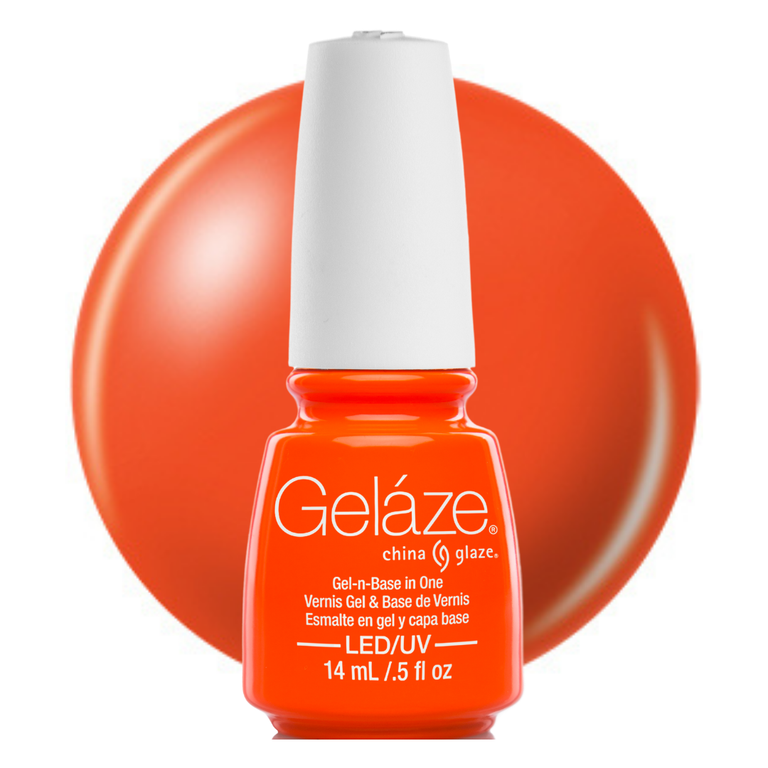 A bottle of Geláze China Glaze orange gel nail polish with a white cap, set against a large matching orange circular background on a white studio backdrop.
