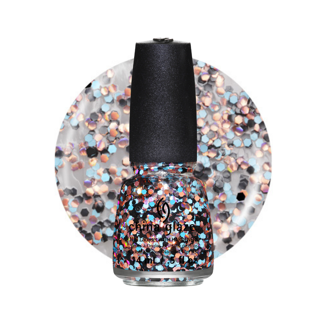 A bottle of China Glaze glitter nail polish with a black cap, shown in front of a circular swatch of iridescent multicolor glitter on a white background.