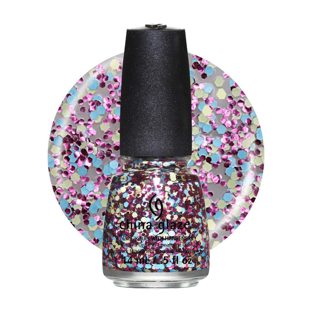 A bottle of China Glaze glitter nail polish with a black cap, shown in front of a circular swatch of iridescent multicolor glitter on a white background.