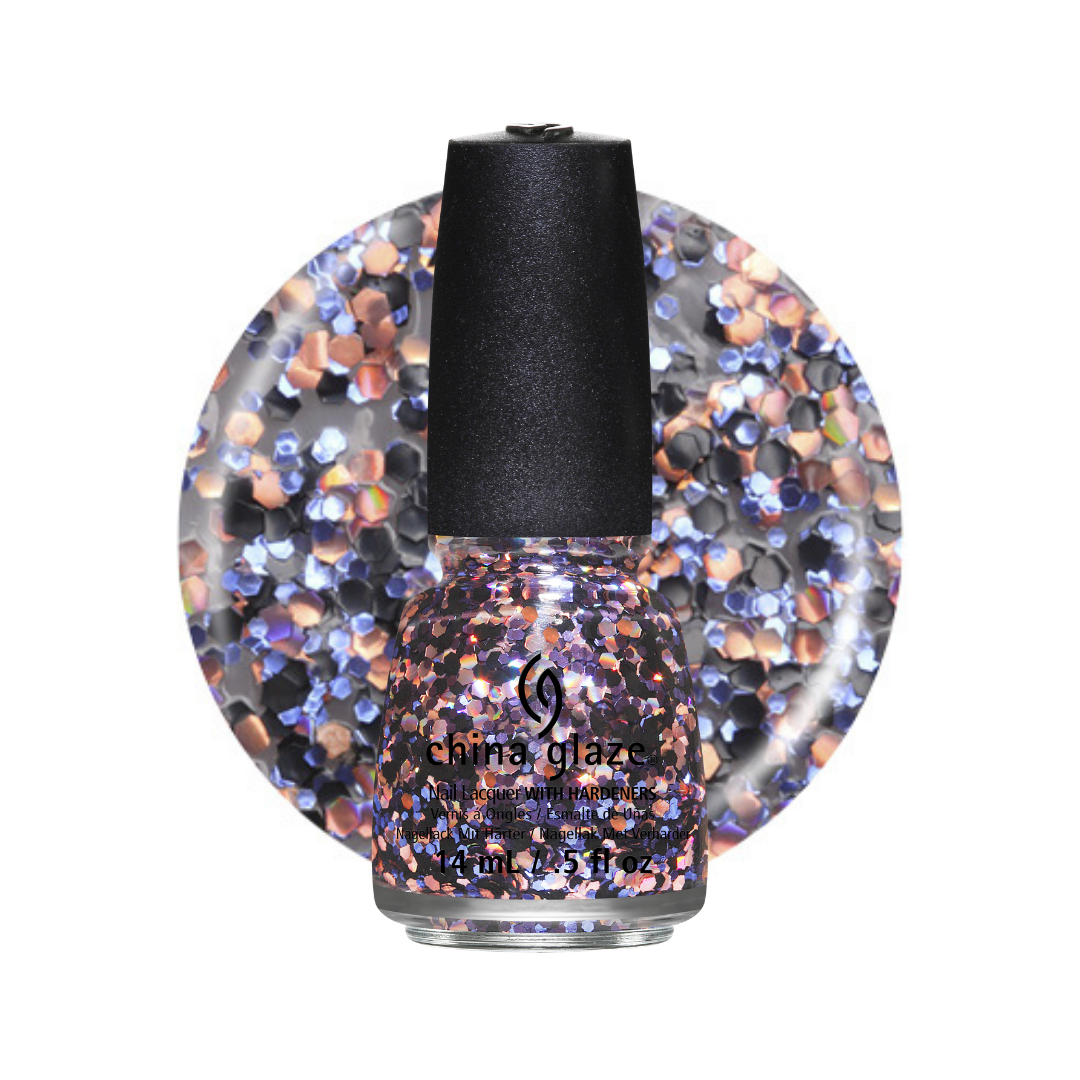 A bottle of China Glaze black gold iridescent glitter nail polish with a black cap, shown in front of a circular swatch of iridescent multicolor glitter on a white background.
