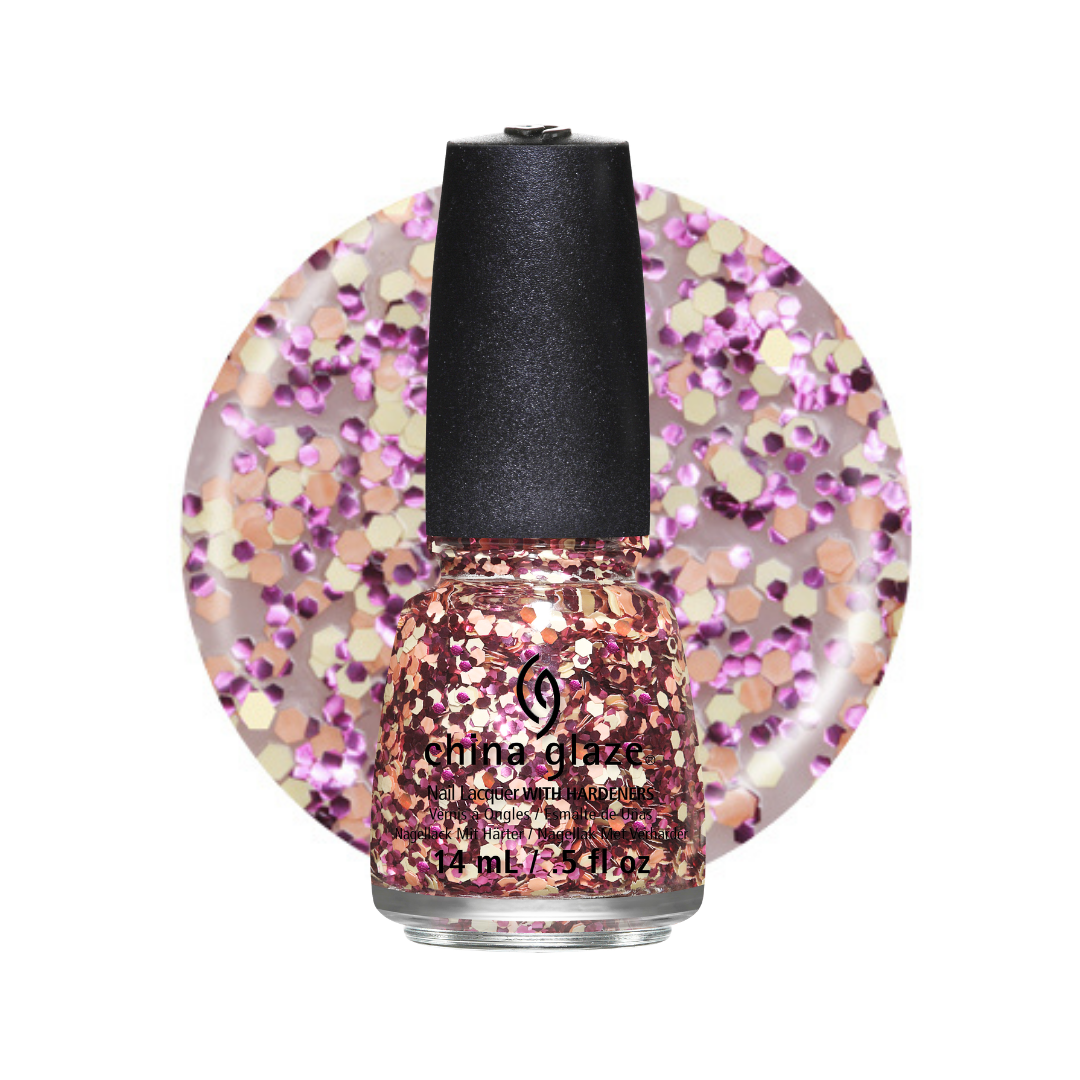 A bottle of China Glaze glitter nail polish in a rose gold shade with purple and gold flecks, shown in front of a circular color swatch of the same glitter pattern on a white background.