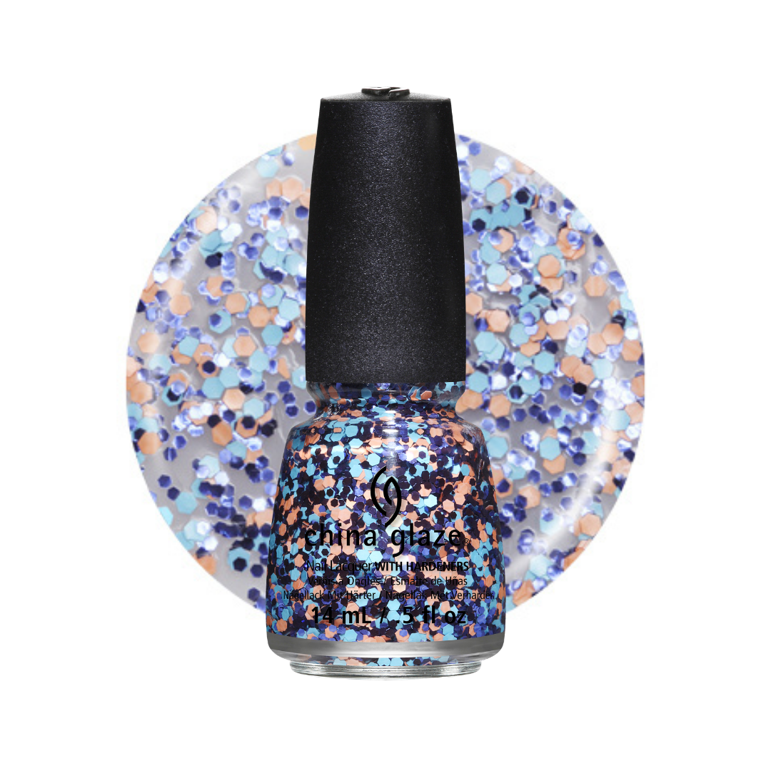 A bottle of China Glaze glitter nail polish with a black cap, shown in front of a circular swatch of the blue, purple, and peach glitter polish on a white background.