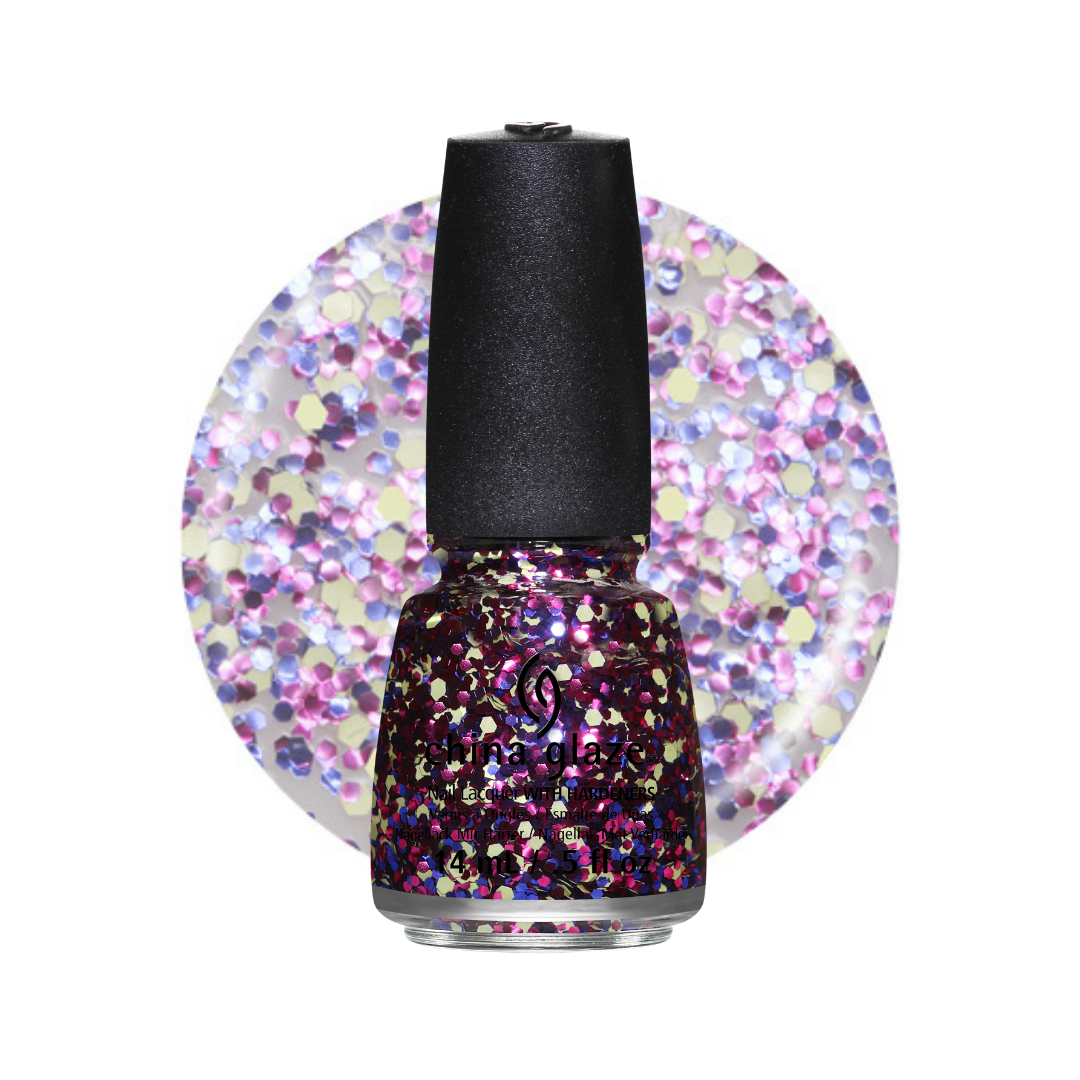 A bottle of glitter nail polish with a black cap, shown in front of a circular swatch of iridescent multicolor glitter on a white background.