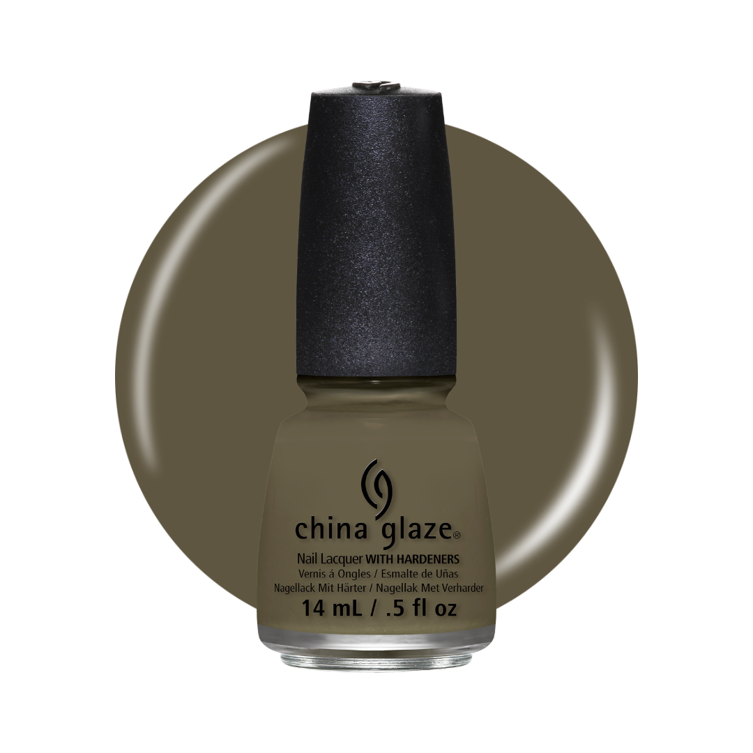 A bottle of China Glaze nail lacquer with hardeners in a muted olive-brown shade, set against a matching circular color swatch on a white background.