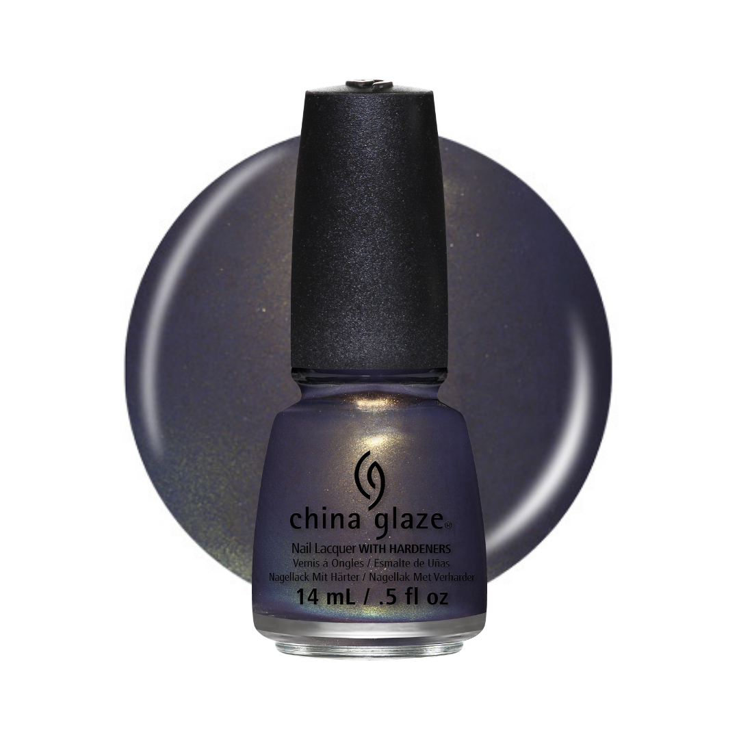 A bottle of China Glaze nail polish in a deep, shimmery plum-purple shade, shown in front of a matching circular color swatch on a white background.