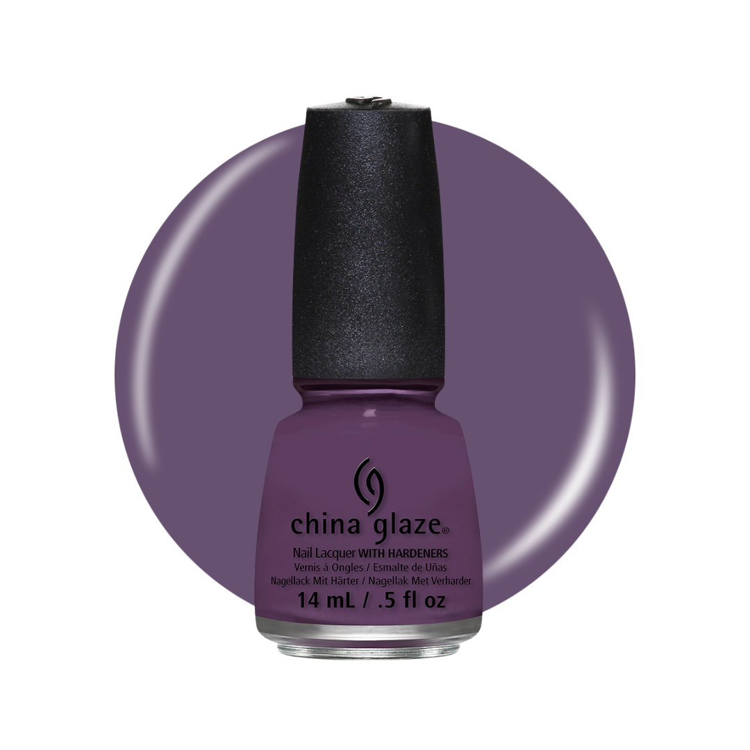 A bottle of China Glaze nail polish with hardeners in a muted purple shade, set against a matching circular color swatch on a white background.