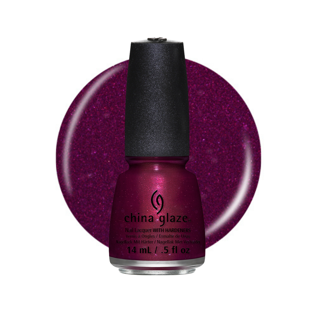 A bottle of China Glaze nail polish in a sparkling deep magenta-purple shade, shown in front of a matching glitter swatch circle on a white background.