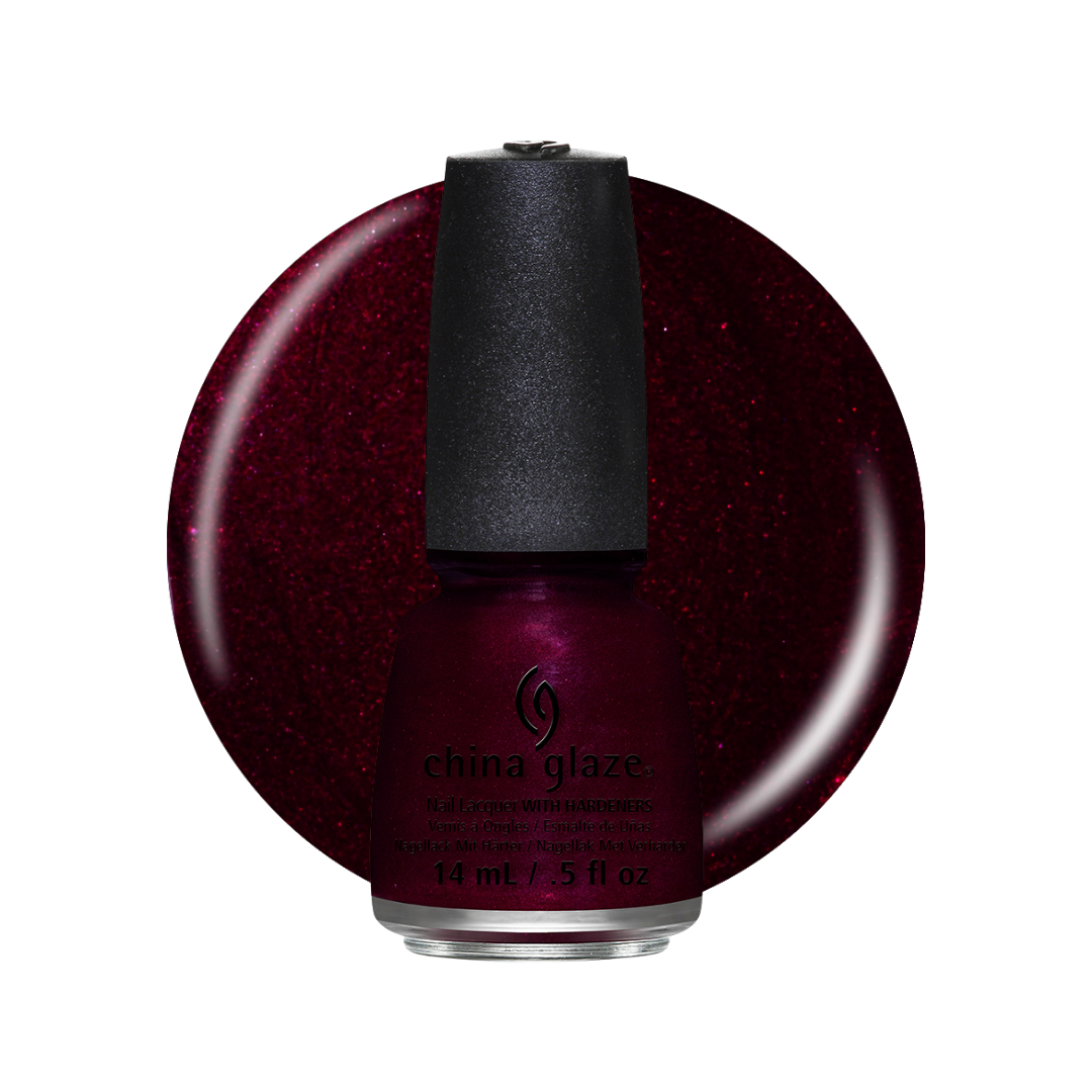 A bottle of China Glaze glitter nail polish in a deep burgundy shade, shown in front of a matching circular color swatch on a white background.