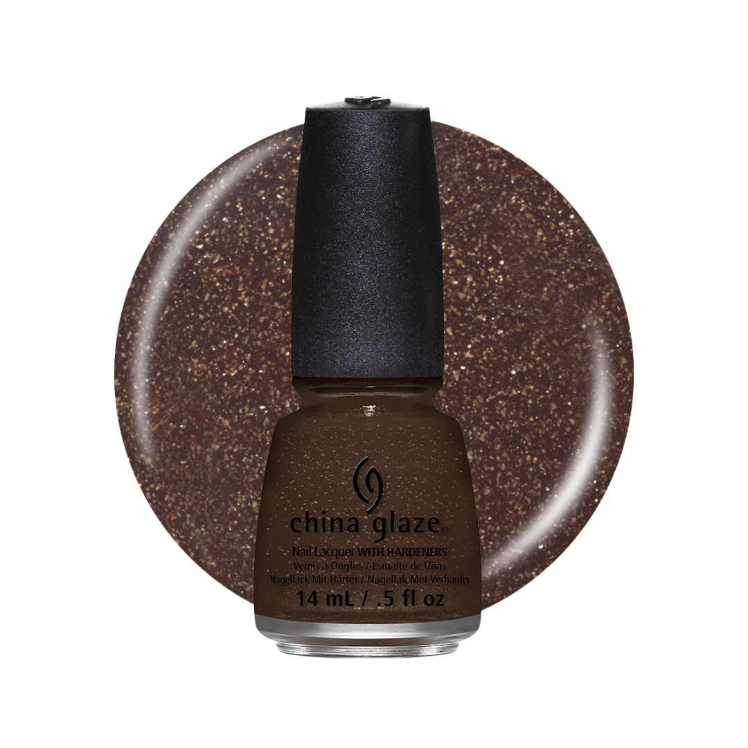 A bottle of China Glaze nail polish in a medium brown shade with fine gold glitter, shown in front of a matching circular swatch on a white background.