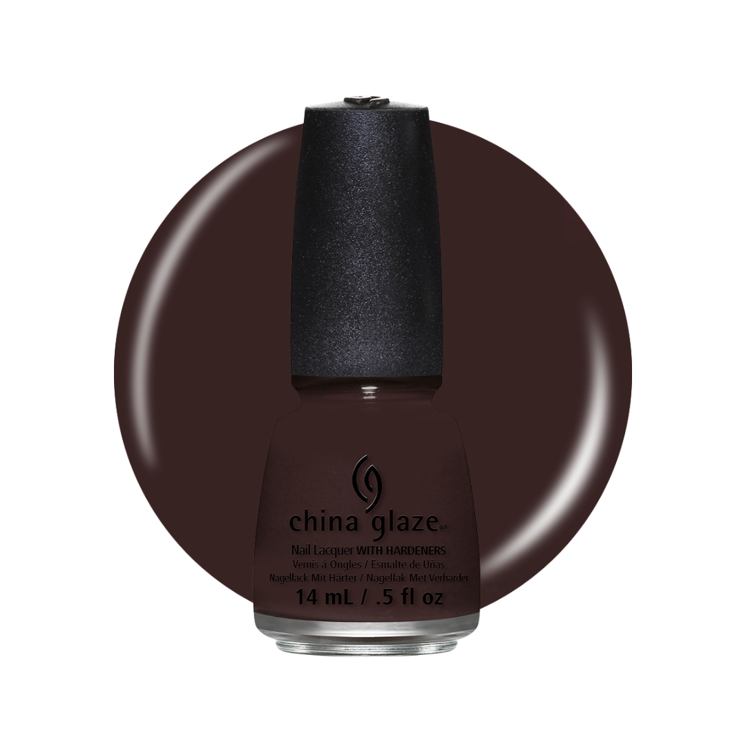 A bottle of China Glaze nail lacquer in a deep espresso brown shade, set against a matching circular color swatch on a white background.