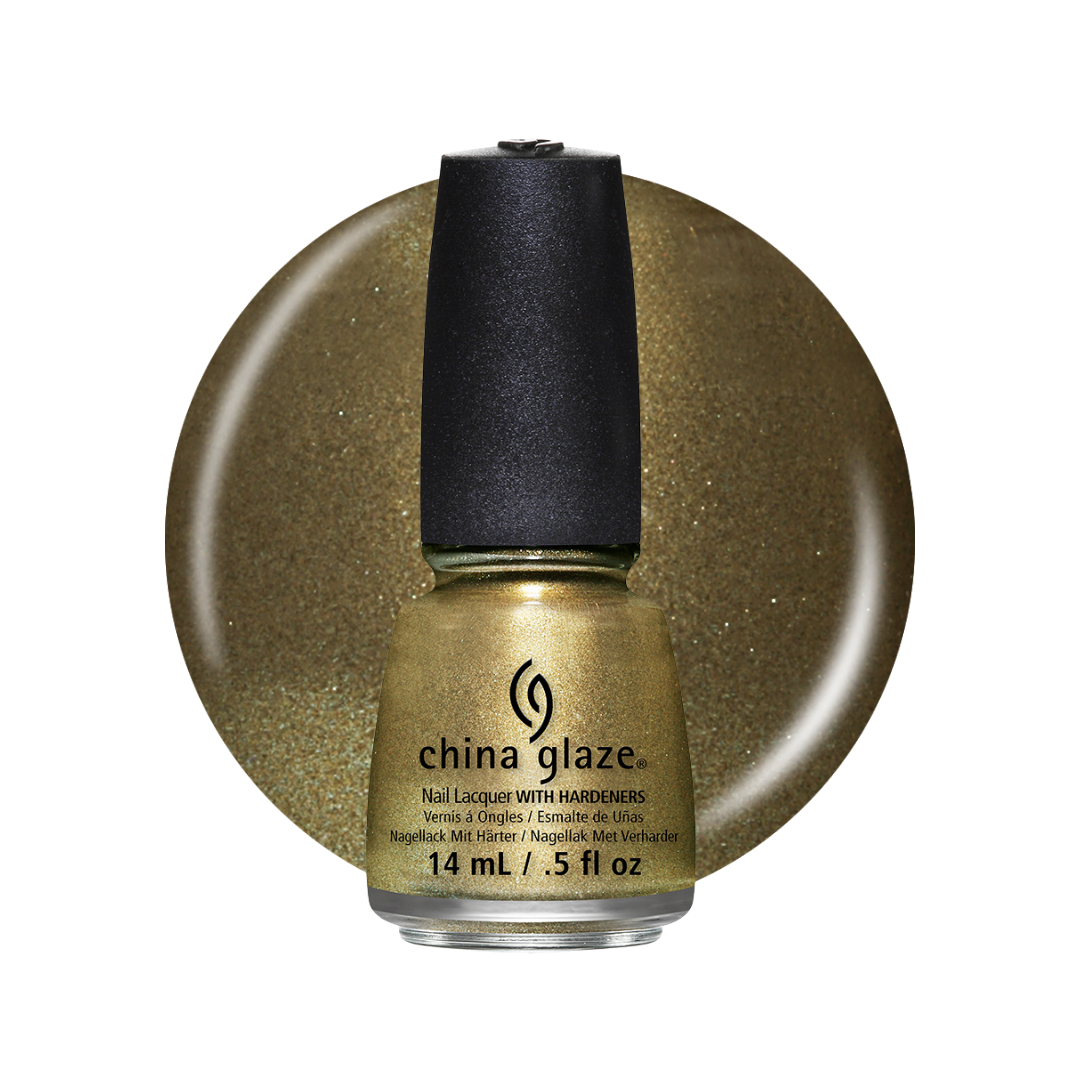 A bottle of China Glaze nail polish in a shimmering metallic gold shade, set against a matching circular color swatch on a white background.