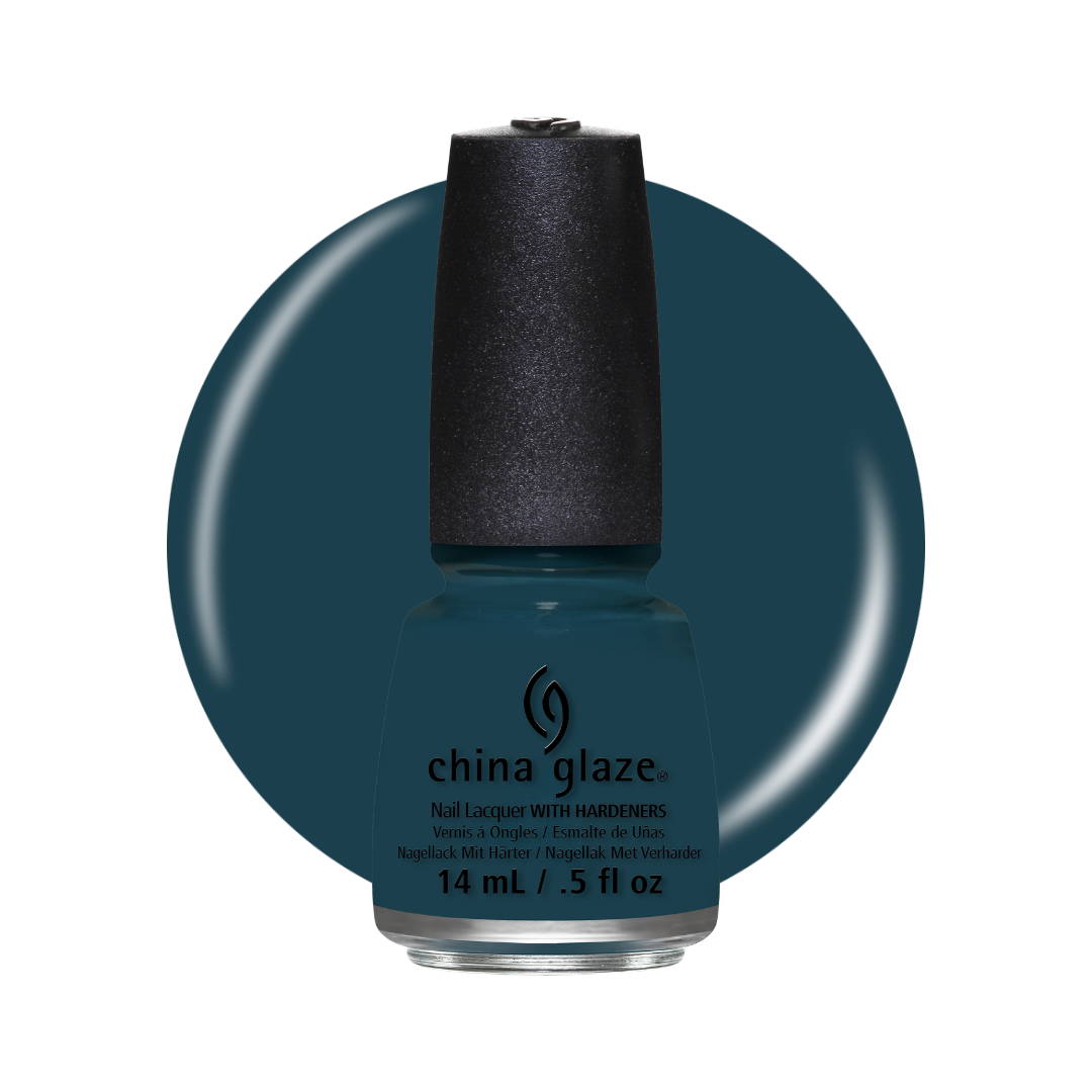 A bottle of China Glaze nail polish in a deep teal blue shade, set against a matching teal circular color swatch on a white background.