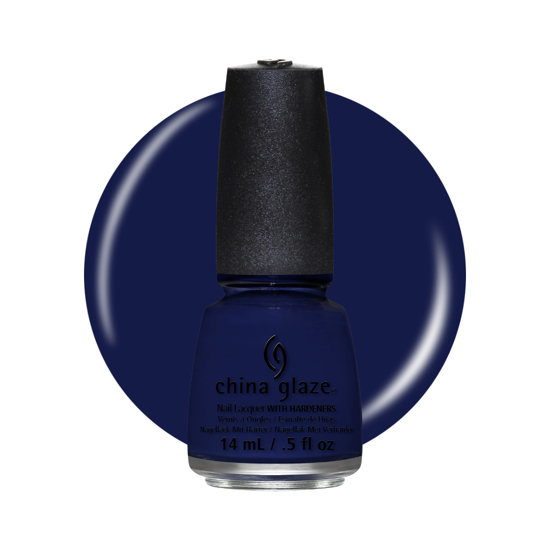 A bottle of China Glaze nail polish in a deep navy blue shade, set against a matching navy blue circular swatch on a white background.