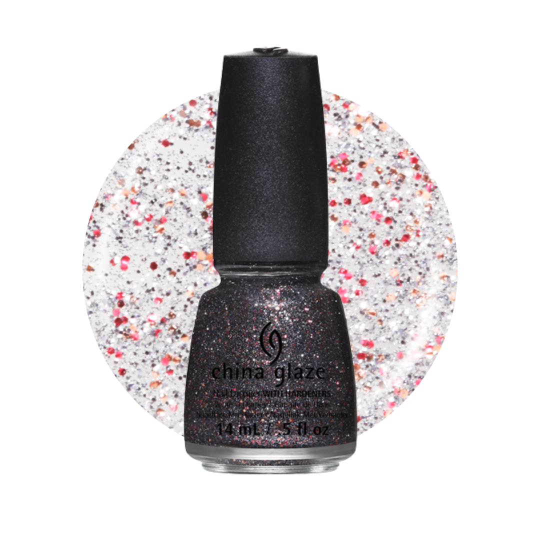  A bottle of China Glaze black, red and silver glitter nail polish with a black cap, shown in front of a circular swatch of multicolor glitter on a white background.