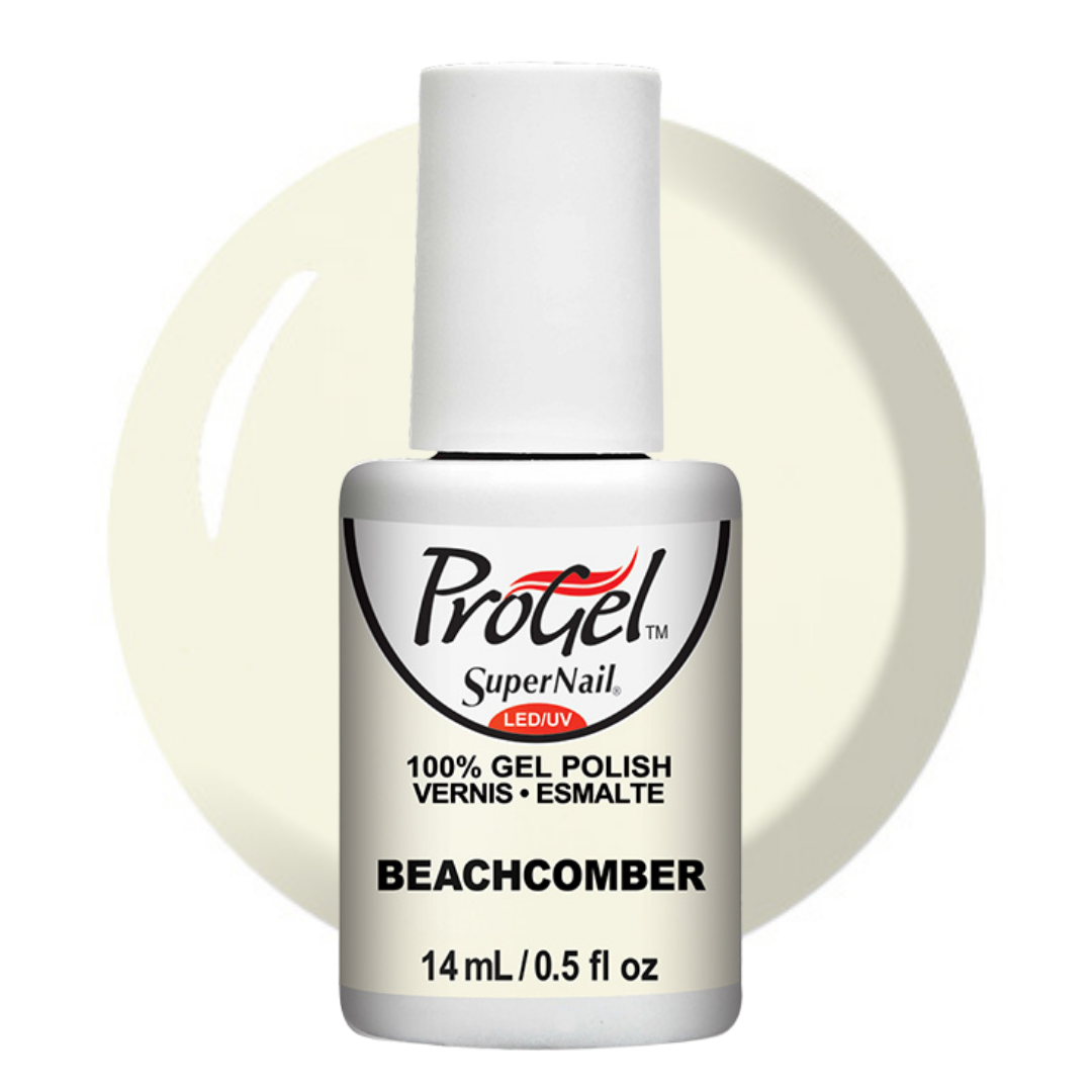 A bottle of ProGel SuperNail LED UV gel polish in the shade Beachcomber, shown against a white background with a circular cream-colored polish swatch behind it.
