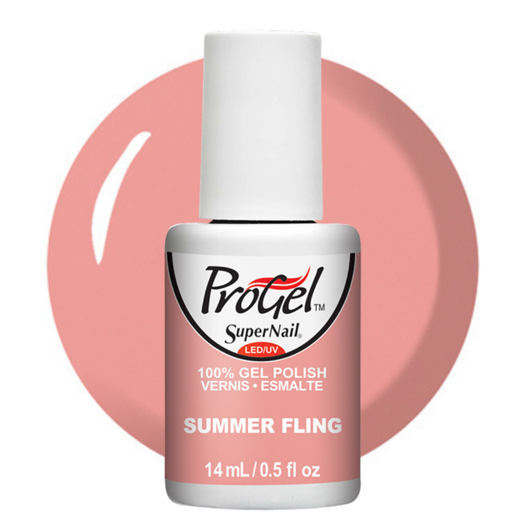 A bottle of ProGel SuperNail LED UV gel polish in the shade Summer Fling, featuring a white cap and a pink label, set against a matching pink circular swatch on a white background.