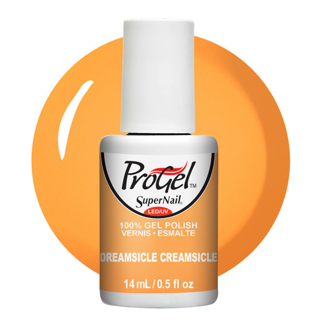 A bottle of Progel SuperNail LED UV gel polish in the shade Dreamsicle Creamsicle, featuring a white cap and a white/silver bottle with an orange label, set against a matching orange circular swatch on a white background.