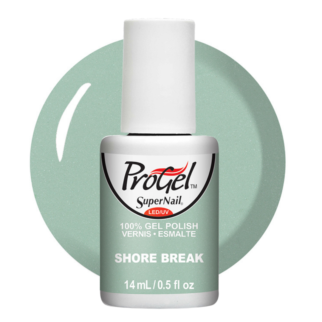 A bottle of ProGel SuperNail LED UV gel polish in the shade Shore Break, featuring a white cap and a white label with a light sage green background, set against a matching light green circular swatch on a white background.