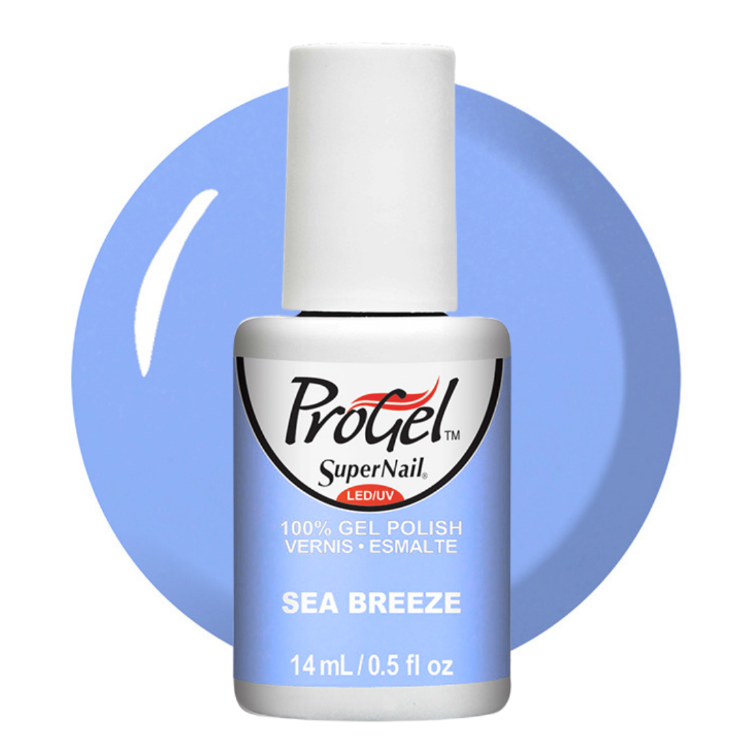 A bottle of Progel SuperNail LED UV gel polish in the shade Sea Breeze, featuring a light blue swatch circle in the background.