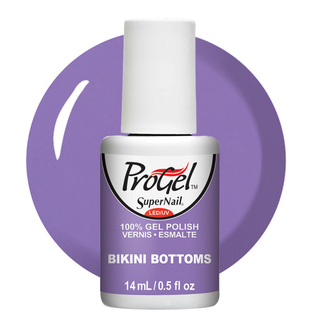 A bottle of Progel SuperNail LED gel polish in the shade 'Bikini Bottoms', featuring a light purple color swatch behind the bottle on a white background.