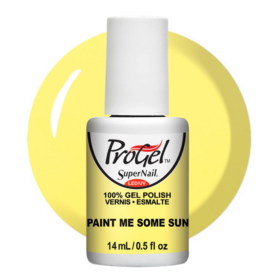 A bottle of Progel SuperNail LED UV gel polish in the shade 'Paint Me Some Sun' (a pale yellow), shown against a white background with a matching yellow circular graphic behind it.