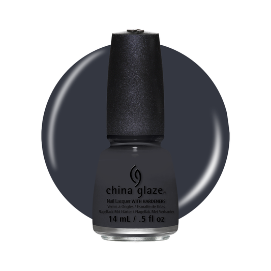 A bottle of China Glaze nail lacquer with hardeners in a dark charcoal gray color, set against a matching dark gray circular background on a white studio backdrop.
