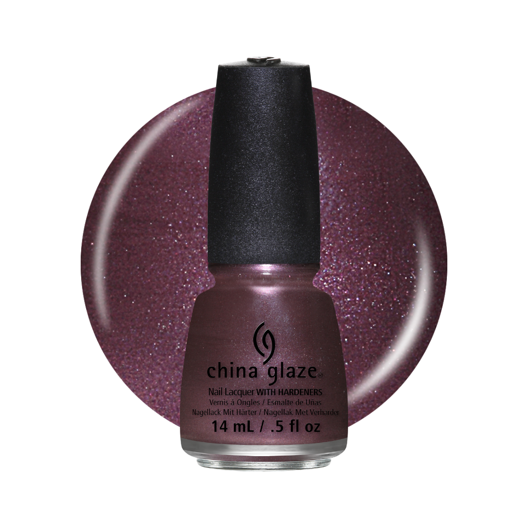A bottle of China Glaze nail polish with a black cap, shown in front of a large circular swatch of the glittery plum-purple polish color on a white background.