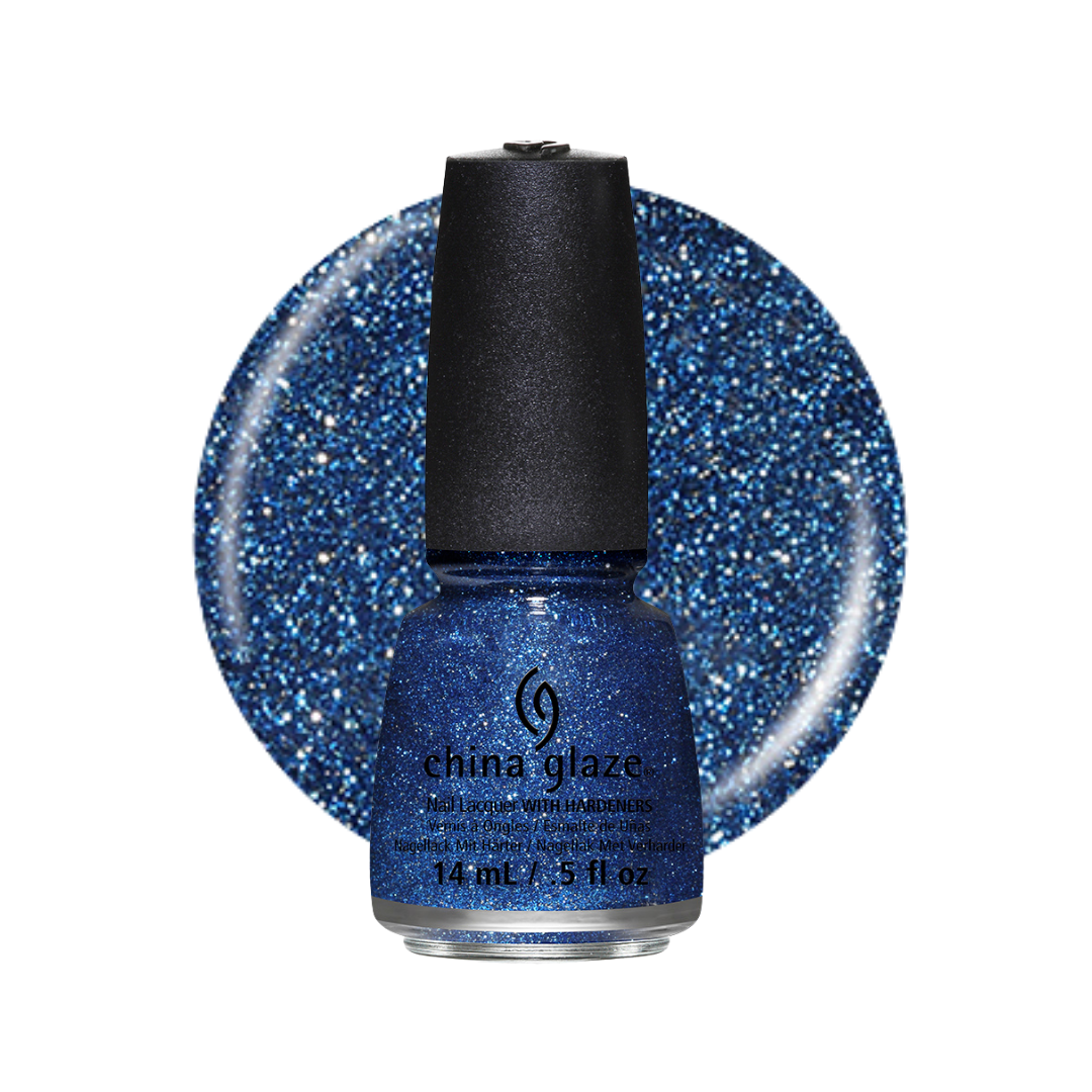 A bottle of China Glaze glitter nail polish in a medium-to-deep blue shade, shown in front of a circular glitter swatch of the same color on a white background.