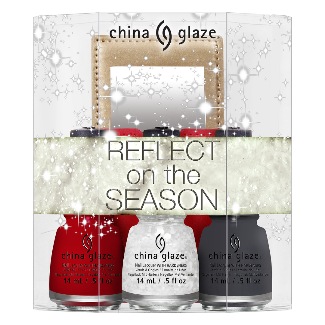 China Glaze nail polish set with three bottles in red, silver, and gray on a decorative box.
