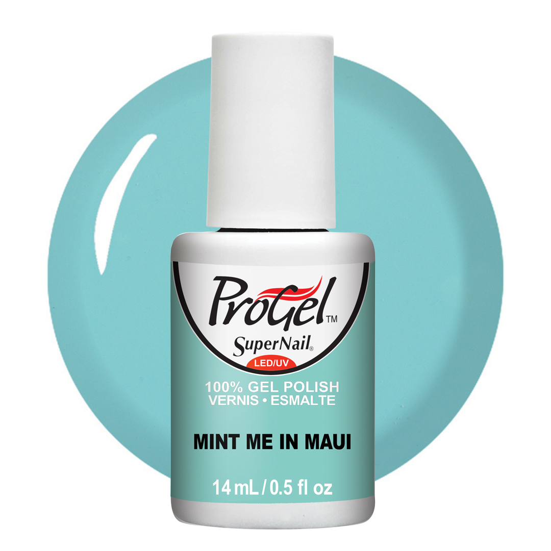 A bottle of ProGel SuperNail LED UV gel polish in the shade 'Mint Me in Maui', featuring a white cap and a mint green label, set against a matching mint green circular background on a white studio backdrop.