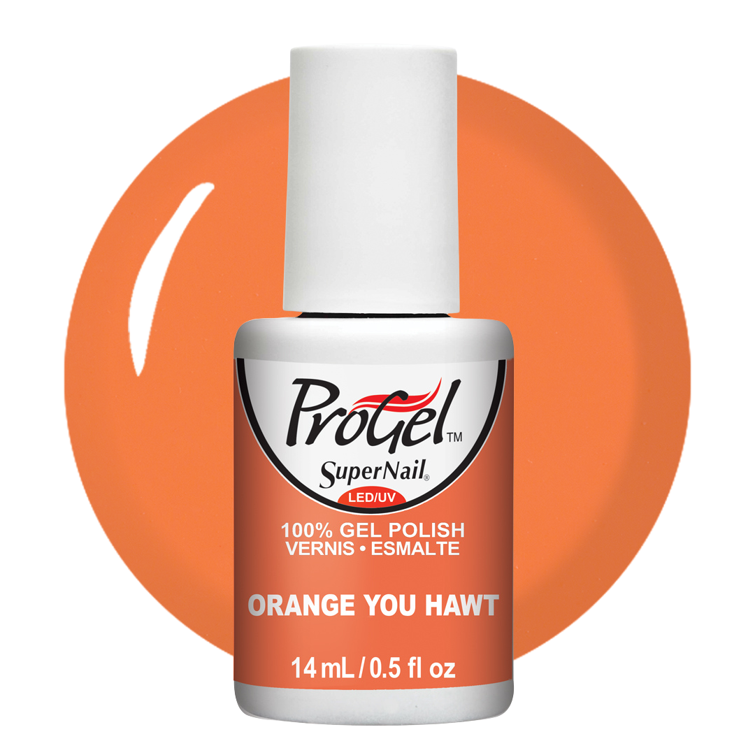A bottle of Progel SuperNail LED UV gel polish in the shade Orange You Hawth, featuring a white cap and a white label with orange text, set against a solid orange circular background on a white canvas.