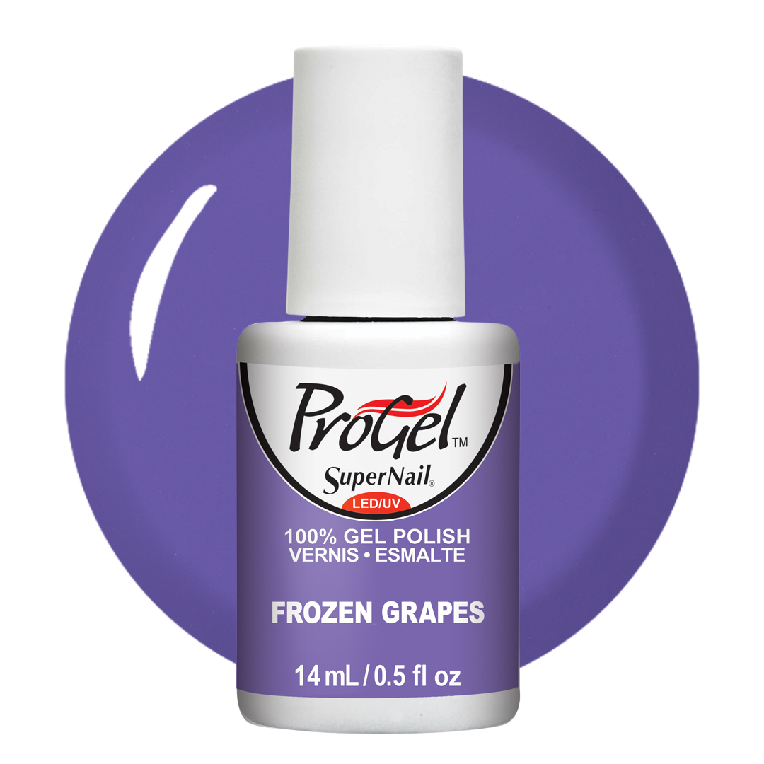 A bottle of ProGel SuperNail LED gel nail polish in the shade Frozen Grapes, featuring a purple label and white cap, set against a matching purple circular swatch on a white background.