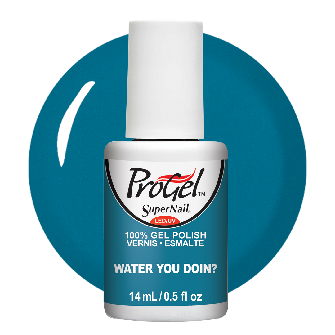 A bottle of ProGel SuperNail LED gel nail polish in the shade Water You Doin', shown against a teal circular background swatch on a white studio background.