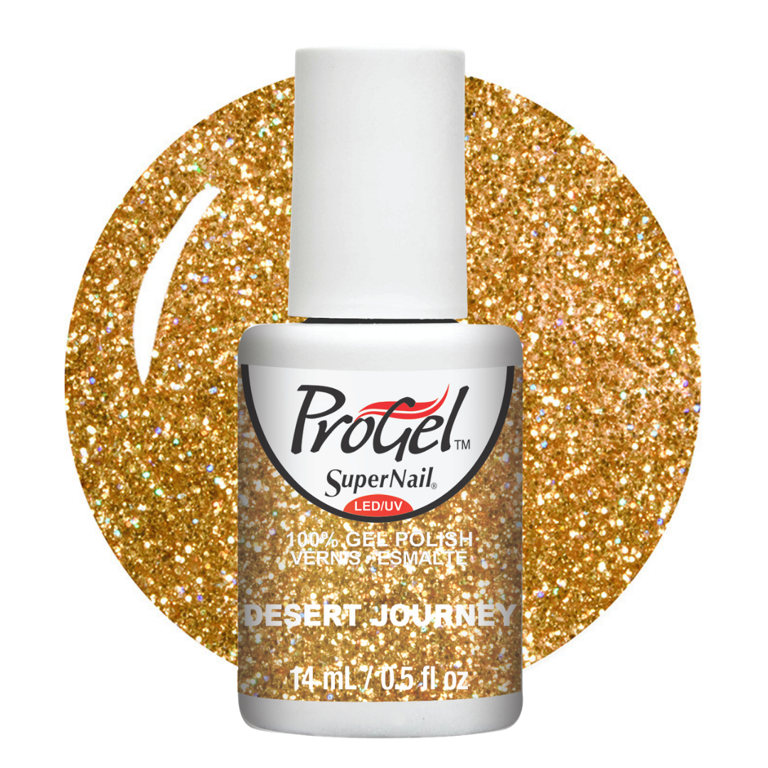 A bottle of Progel SuperNail LED gel polish in the shade 'Desert Journey', featuring a white cap and silver bottle, set against a glittery gold circular background swatch on a white studio background.