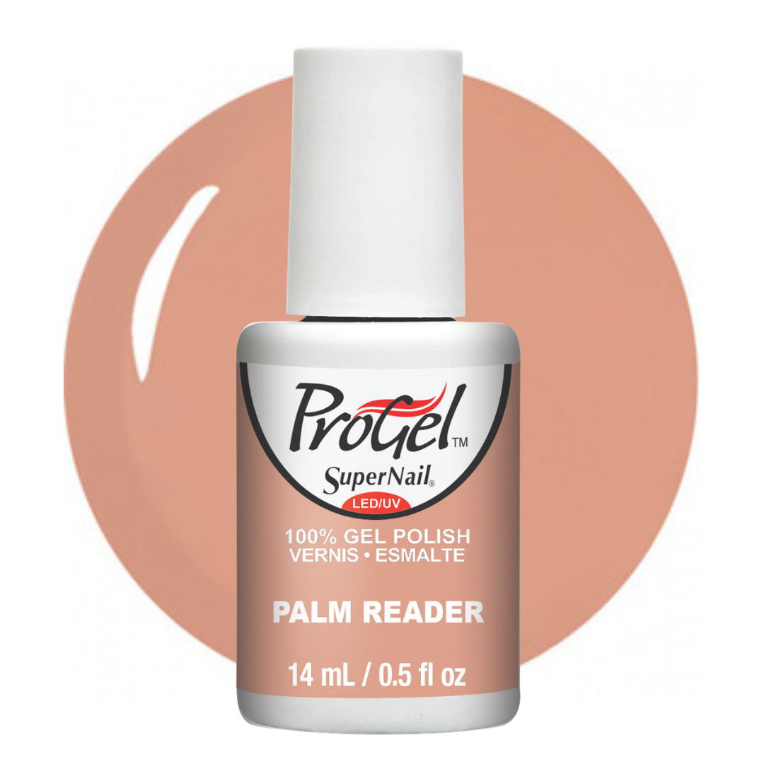 A bottle of ProGel SuperNail LED UV gel polish in the shade Palm Reader, featuring a peachy pink color swatch on a white background.