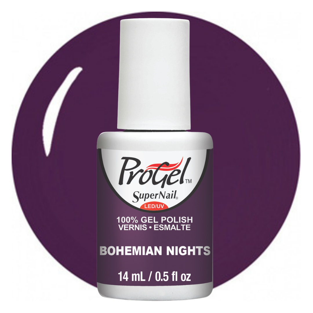 A bottle of ProGel SuperNail LED gel polish in the shade Bohemian Nights, featuring a white cap and a dark purple label, set against a matching dark purple circular background.