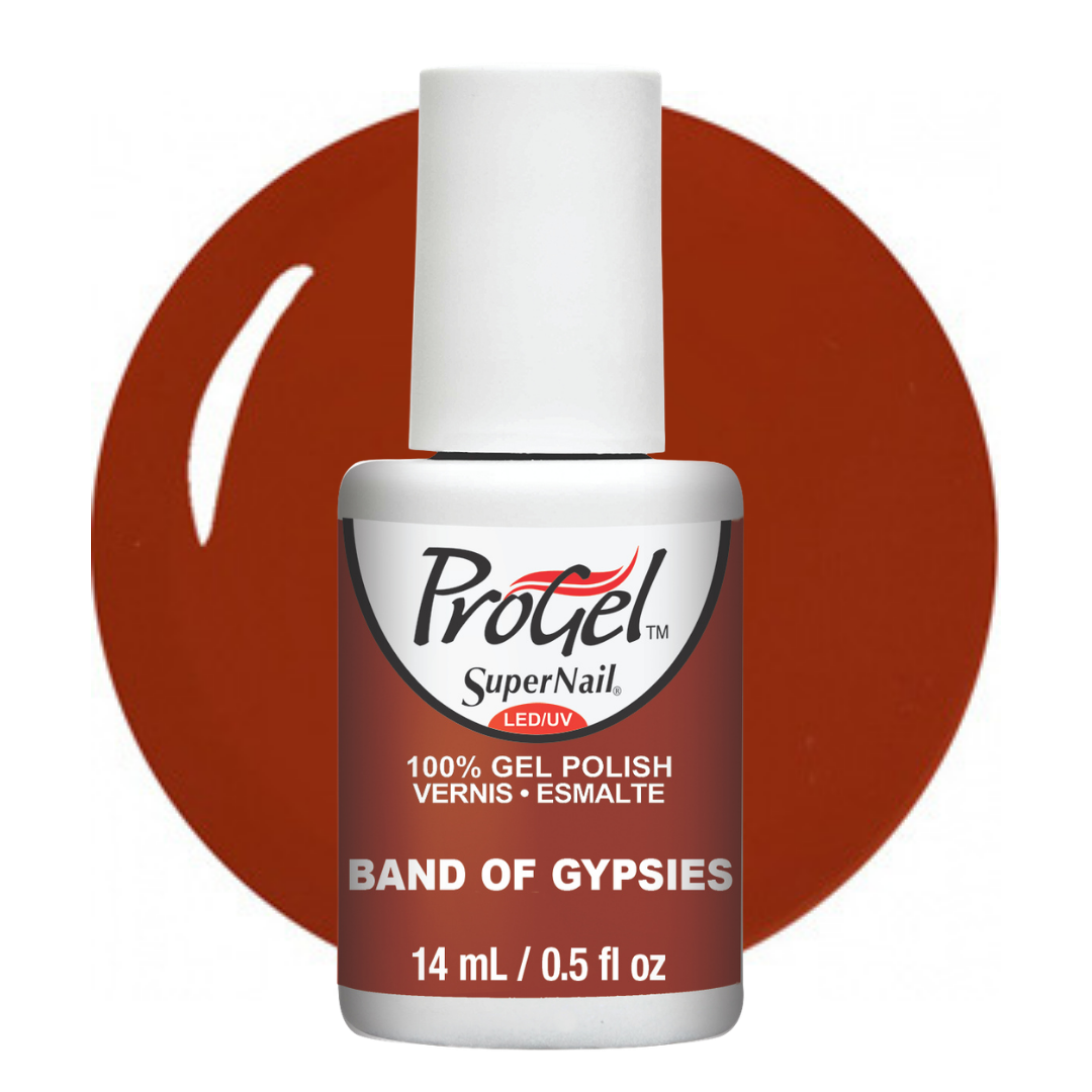 A bottle of ProGel SuperNail LED UV gel polish in the shade 'Band of Gypsies', featuring a white cap and a label with a reddish-brown gradient, set against a matching reddish-brown circular background on a white studio backdrop.