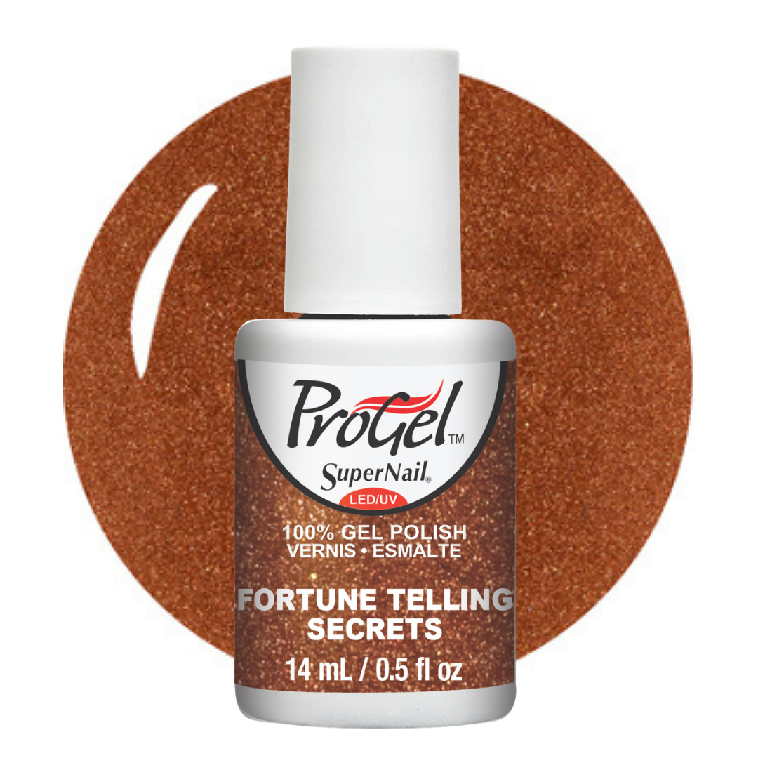 A bottle of Progel SuperNail LED gel polish in the shade Fortune Telling Secrets, featuring a white cap and a brown glittery label, set against a matching brown glitter circular background on a white studio backdrop.