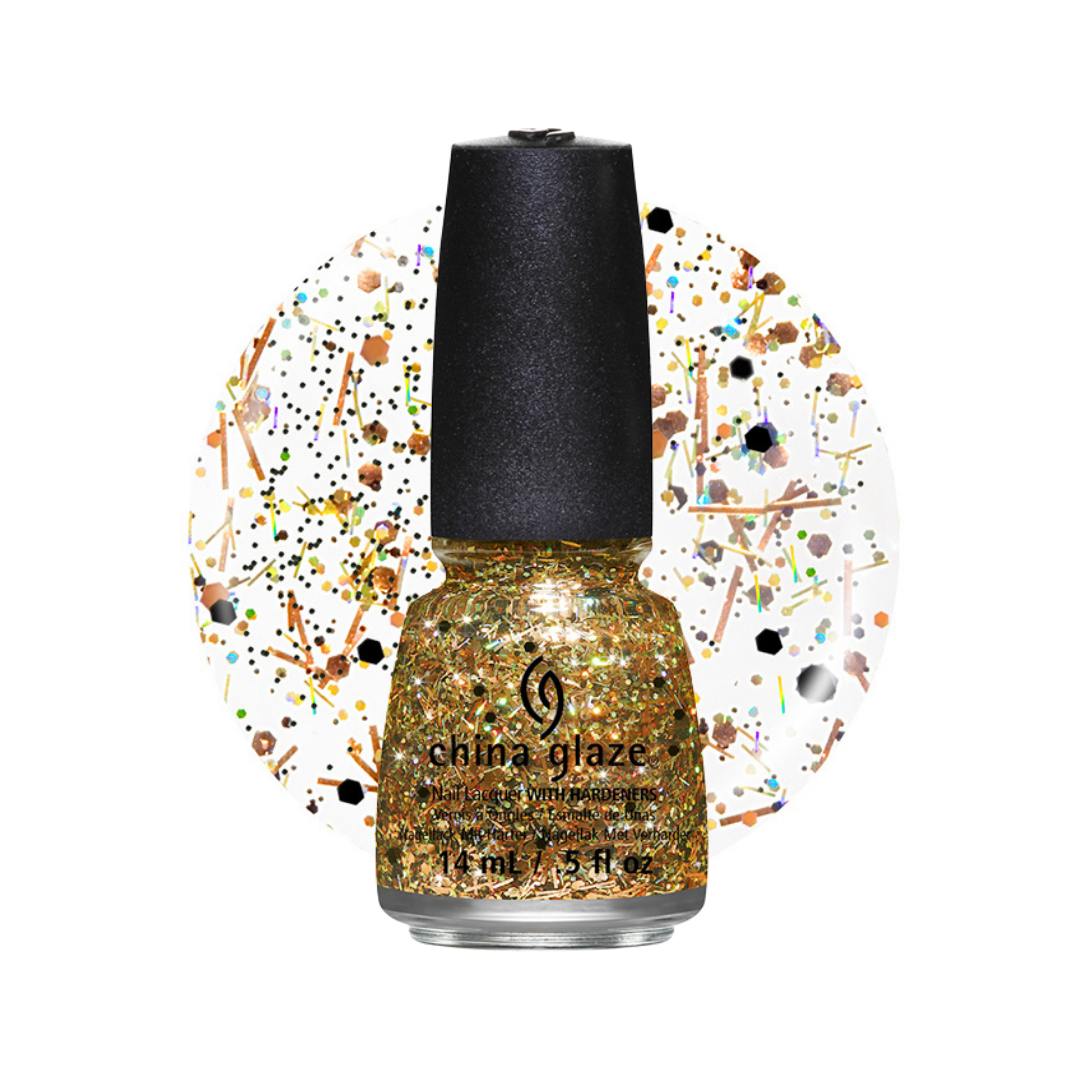 China Glaze glitter nail polish in a clear bottle showing a sparkling gold and bronze shimmer, with a black cap, set against a white background with a circular multicolor glitter splatter graphic.