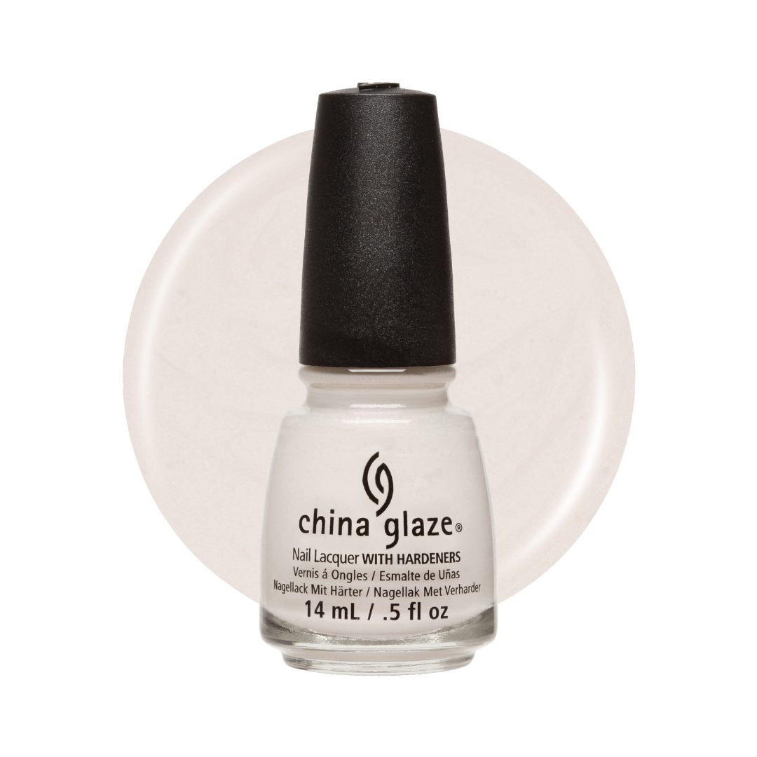 A bottle of China Glaze nail polish with hardeners in a very pale, translucent off-white shade, shown against a white background with a matching circular color swatch.