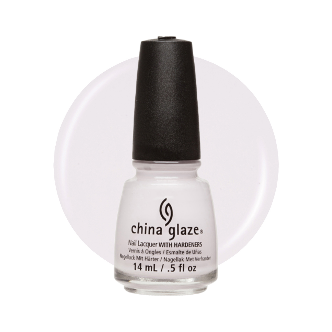A bottle of China Glaze nail polish with hardeners in a translucent white shade, featuring a black cap and a white circular background.