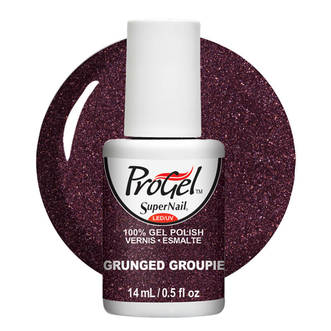A bottle of Progel SuperNail LED gel nail polish in the shade Grunged Groupie, shown in front of a circular glitter swatch of the same deep purple-burgundy color on a white background.