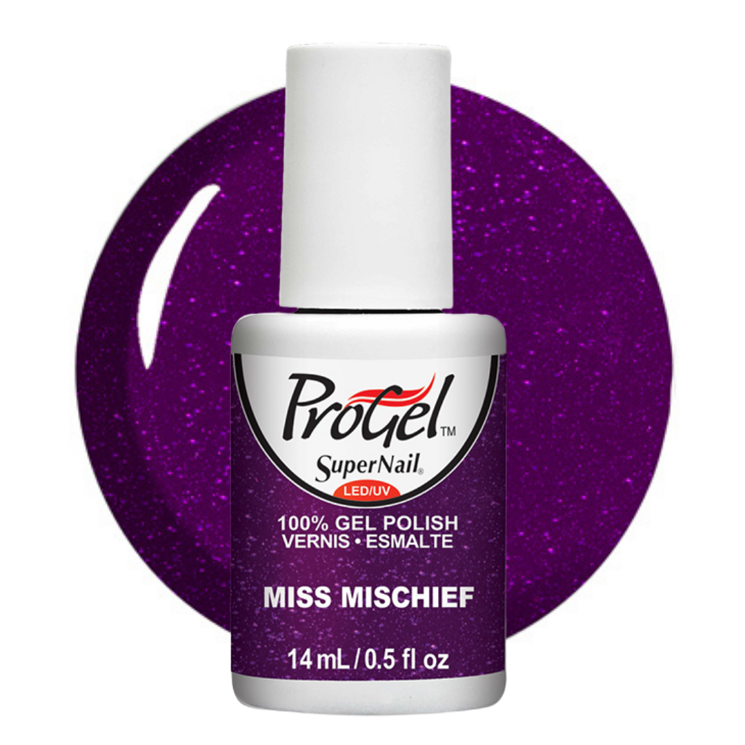 A bottle of Progel SuperNail LED gel polish in the shade 'Miss Mischief', featuring a white cap and a purple glitter swatch background.