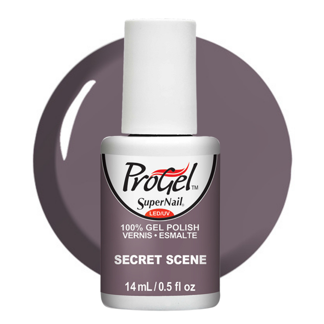 A bottle of Progel SuperNail LED gel polish in the shade Secret Scene, featuring a white cap and a dark gray label with white text, set against a matching dark gray circular background swatch.