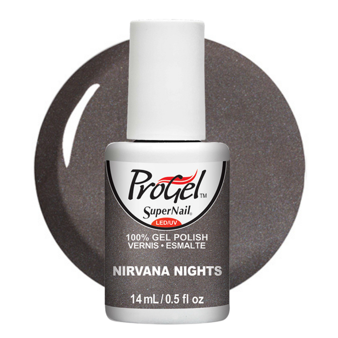 A bottle of Progel SuperNail LED gel polish in the shade Nirvana Nights, shown in front of a circular swatch of the dark gray glitter polish on a white background.